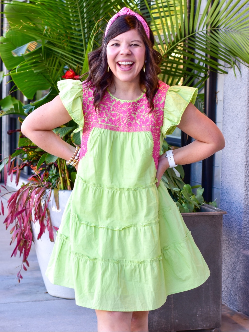 J Marie Marley Embroidered Mini Dress Ruffle Green Pink Medium